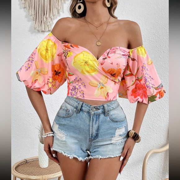 Boho floral print puff sleeve crop top - Picture 5 of 6
